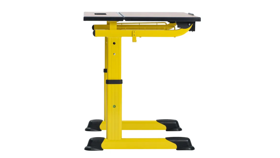 Aluflex Einer-Schülertisch, höhenverstellbar 58-70 cm, mit Drahtkorbablage zinkgelb, Kunststoffgleiter, 6-12 Jahre