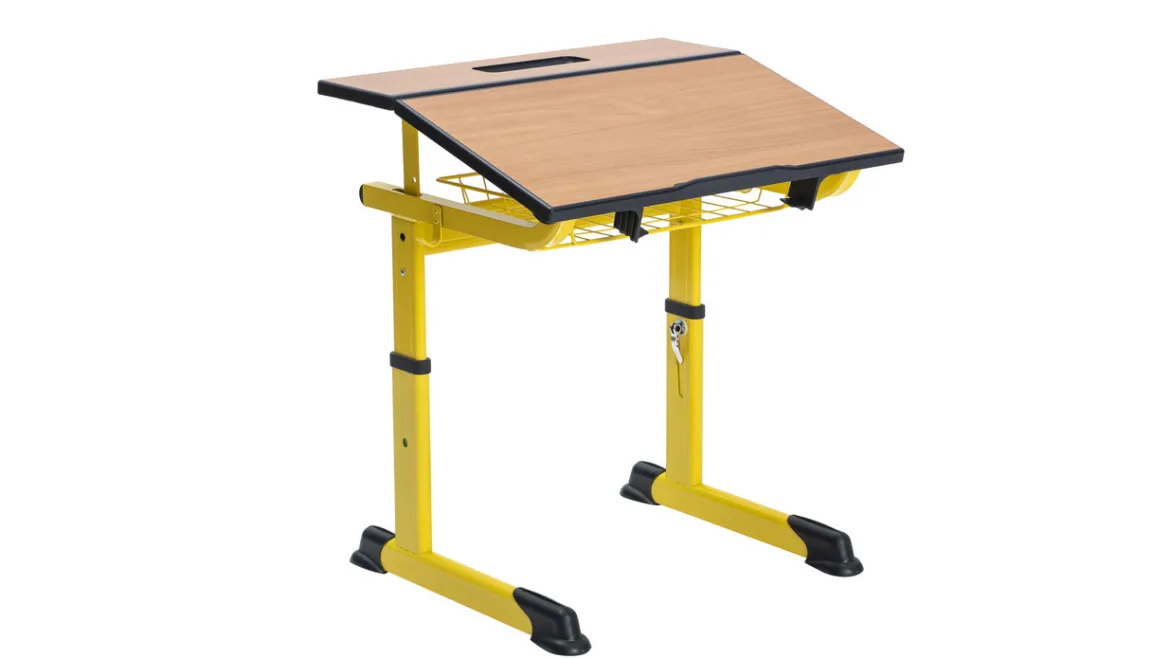 Aluflex Einer-Schülertisch, höhenverstellbar 64-82 cm, Stahlrohrfarbe zinkgelb, mit Drahtkorbablage, Kunststoffgleiter, 9-18+ Jahre