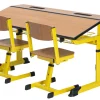 Aluflex Zweier-Schülertisch, höhenverstellbar 58-70 cm, Stahlfarbe zinkgelb, mit Drahtkorbablage, Filzgleiter, 6-12 Jahre