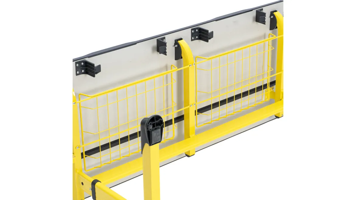 Aluflex Zweier-Schülertisch, höhenverstellbar 58-70 cm, Stahlfarbe zinkgelb, mit Drahtkorbablage, Filzgleiter, 6-12 Jahre