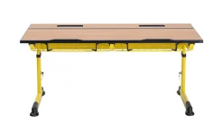 Aluflex Zweier-Schülertisch, höhenverstellbar 58-70 cm, Stahlfarbe zinkgelb, mit Drahtkorbablage, Filzgleiter, 6-12 Jahre
