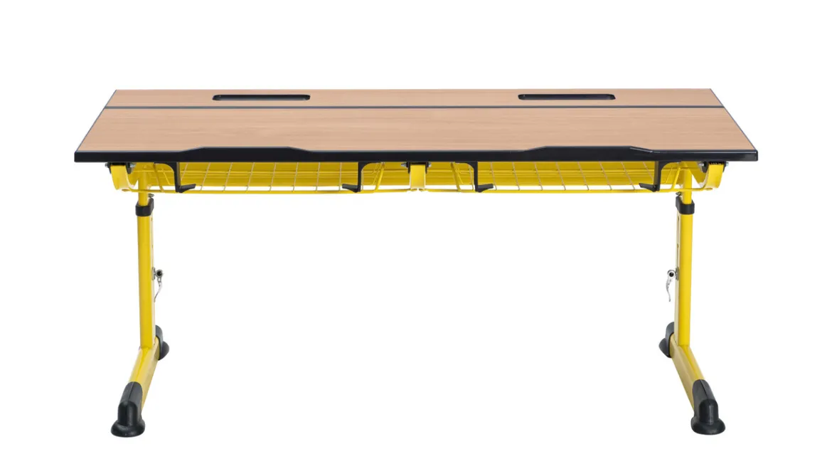 Aluflex Zweier-Schülertisch, höhenverstellbar 64-82 cm, Stahlfarbe zinkgelb, mit Drahtkorbablage, Kunststoffgleiter, 9-18+ Jahre