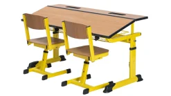 Aluflex Zweier-Schülertisch, höhenverstellbar 64-82 cm, Stahlfarbe zinkgelb, mit Drahtkorbablage, Kunststoffgleiter, 9-18+ Jahre