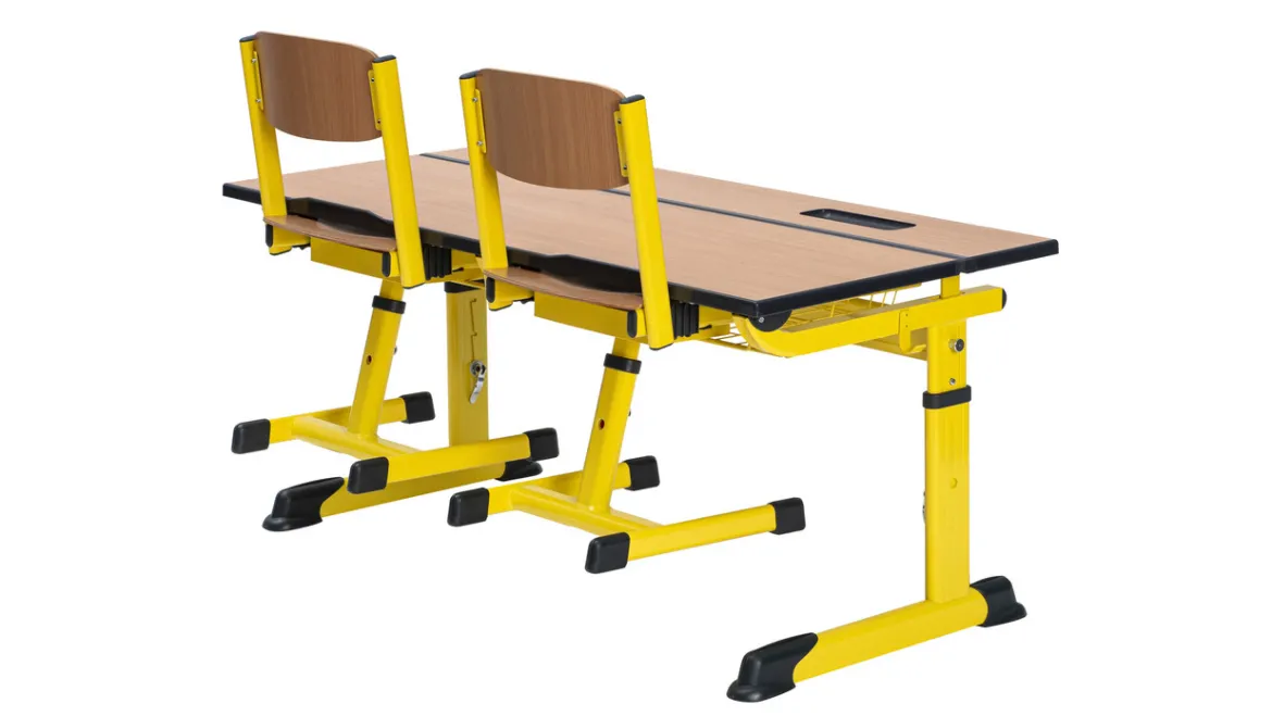 Aluflex Zweier-Schülertisch, höhenverstellbar 64-82 cm, Stahlfarbe zinkgelb, mit Drahtkorbablage, Kunststoffgleiter, 9-18+ Jahre
