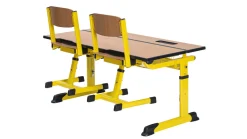 Aluflex Zweier-Schülertisch, höhenverstellbar 64-82 cm, Stahlfarbe zinkgelb, mit Drahtkorbablage, Filzgleiter, 9-18+ Jahre