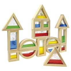 Bausteine mit Glitterfüllung 16 Teile, verschiedene Formen, Holzrahmen, ab 3 Jahre