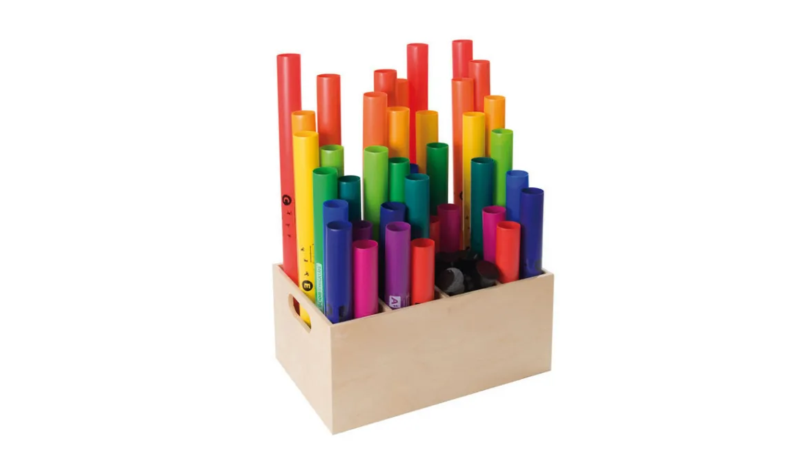 Boomwhackers®, Klassensatz in Aufbewahrungsbox, Set mit 39 Röhren, inkl. 8 Octavator-Caps