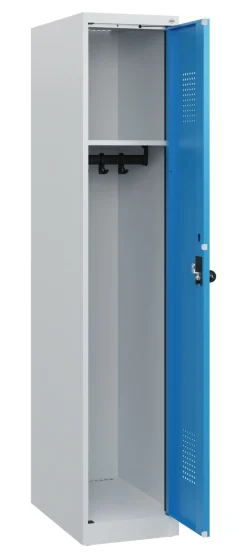 C+P Spind Evolo PLUS, lichtgrau, 1 Abteil, 1530x300x500mm, Türen lichtblau, Bodengleiter, Zylinderschloss
