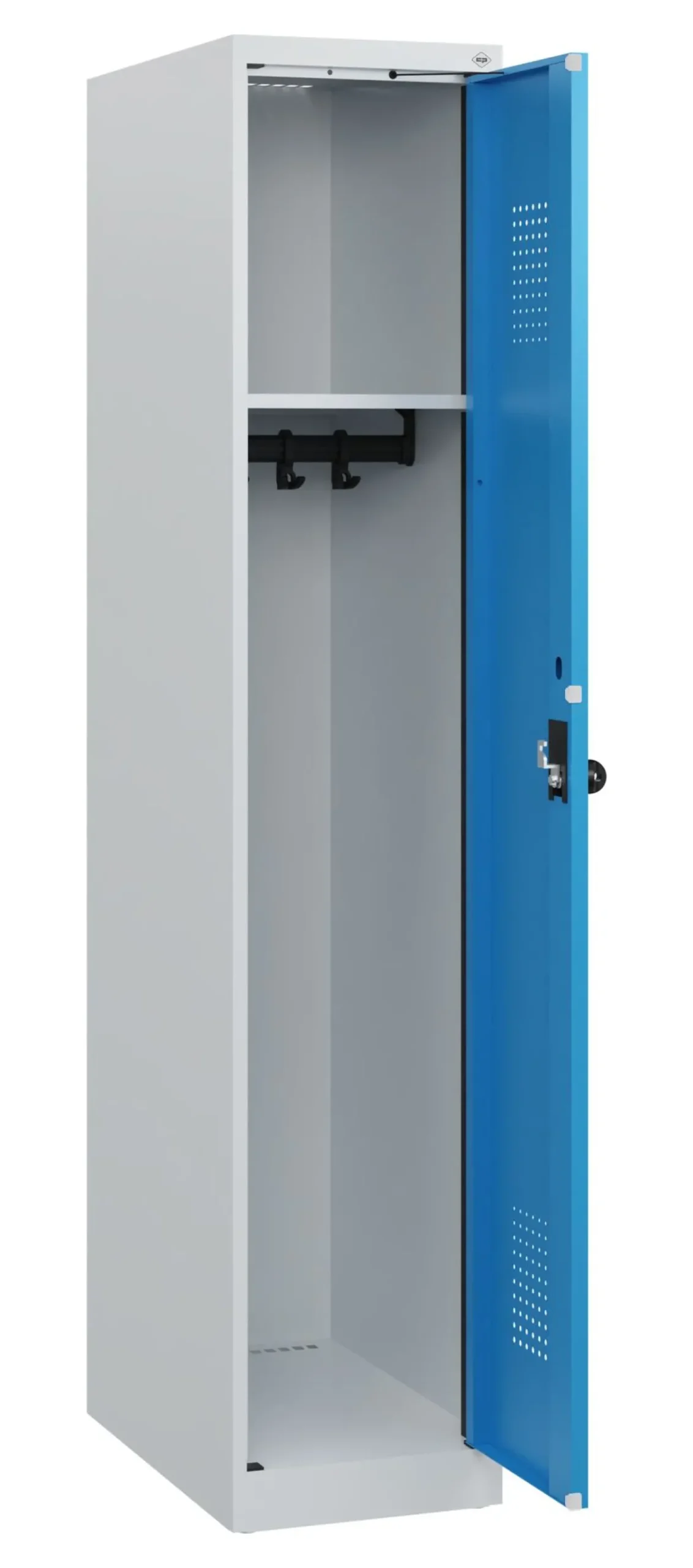 C+P Spind Evolo PLUS, lichtgrau, 1 Abteil, 1530x300x500mm, Türen lichtblau, Bodengleiter, Zylinderschloss