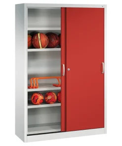 C+P Sportgeräteschrank, 1950x1200x400mm, Korpus RAL 7035 Lichtgrau, Front RAL 3020 Verkehrsrot