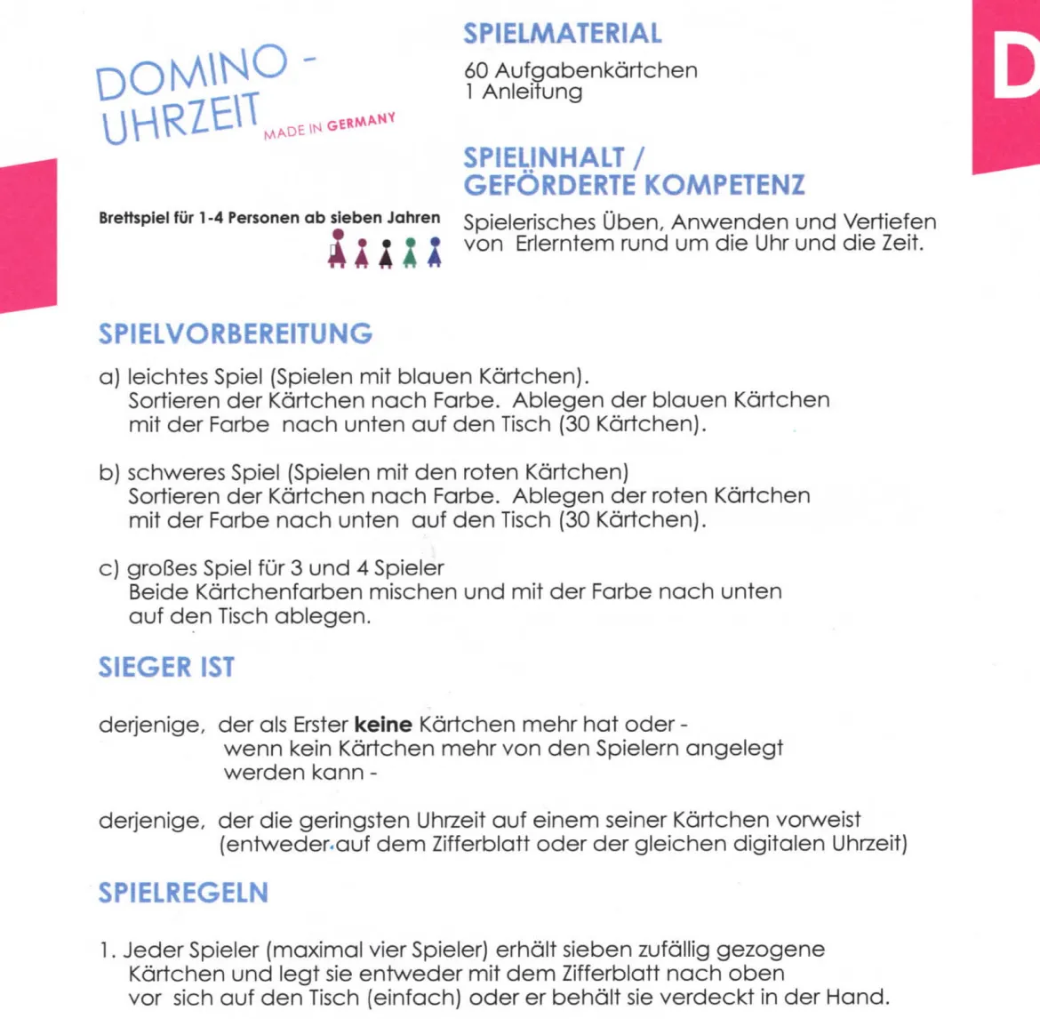 Domino Uhrzeit, Lernspiel, ab 7 Jahre