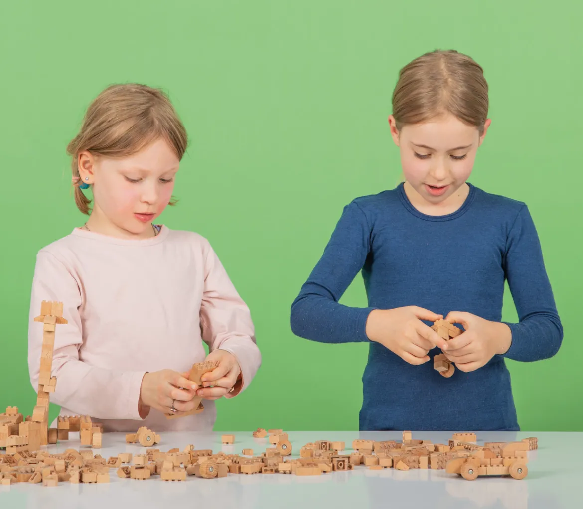 FabBrix Holzbausteine aus Buchenholz 300er-Set im Leinensäckchen
