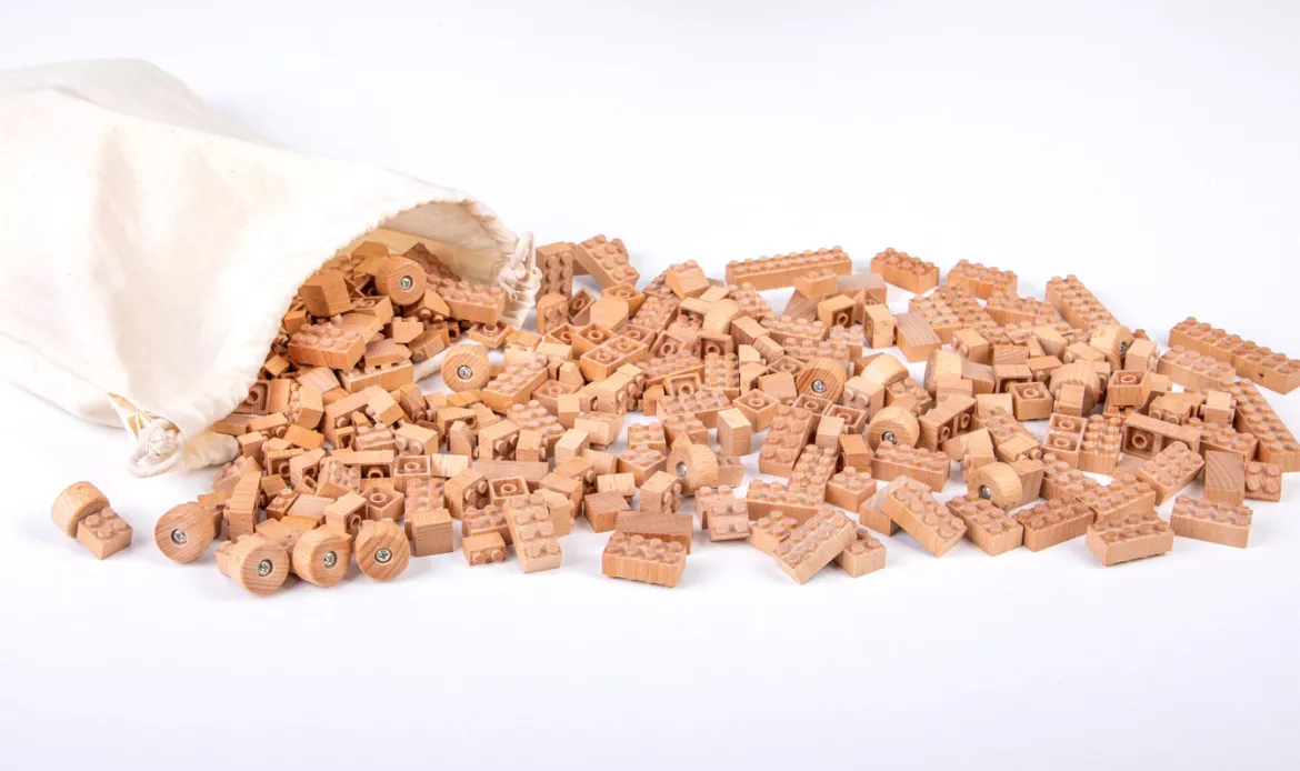FabBrix Holzbausteine aus Buchenholz 300er-Set im Leinensäckchen