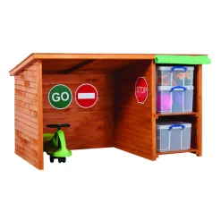 Fahrzeugschuppen für den Kindergarten, kleine Garage mit Stauraum, aus Holz