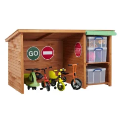 Fahrzeugschuppen für den Kindergarten, kleine Garage mit Stauraum, aus Holz
