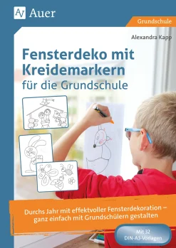Fensterdeko mit Kreidemarkern für die Grundschule