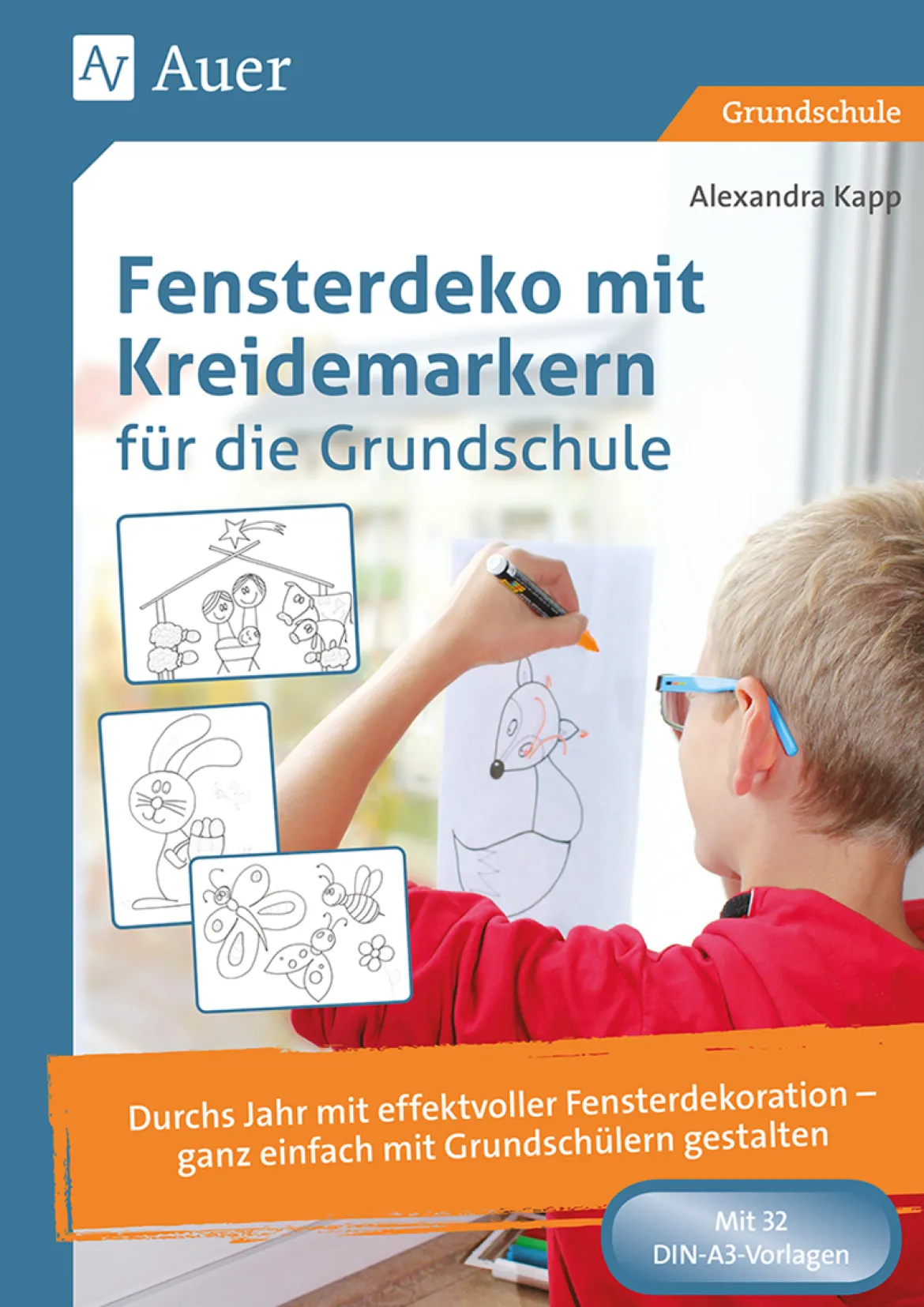 Fensterdeko mit Kreidemarkern für die Grundschule