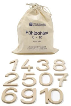 Fühlzahlen aus Holz, Schuldruckschrift, im Baumwollbeutel