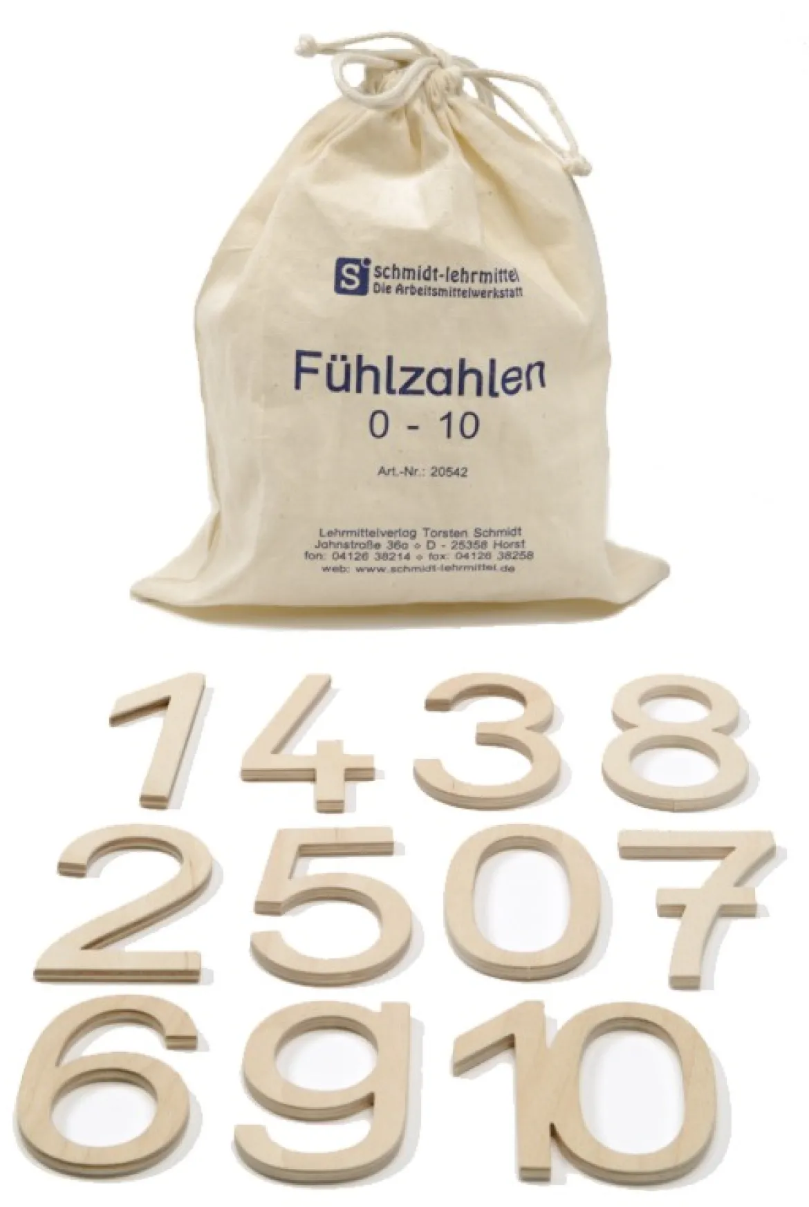 Fühlzahlen aus Holz, Schuldruckschrift, im Baumwollbeutel