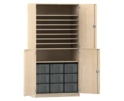 Flexeo Bastelschrank, Ahorn honig, BxHxT: 94,4 x 190 x 60 cm, 9 große Boxen transparent, Schloss