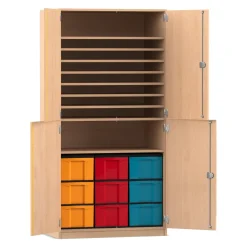 Flexeo Bastelschrank, Buche hell, BxHxT: 94,4 x 190 x 60 cm, 9 große Boxen bunt, Dreholive