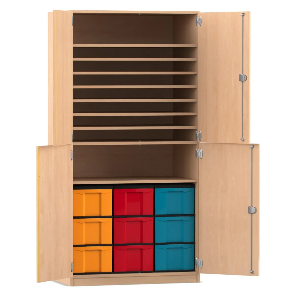 Flexeo Bastelschrank, Buche hell, BxHxT: 94,4 x 190 x 60 cm, 9 große Boxen bunt, Dreholive