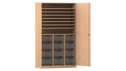 Flexeo Bastelschrank, Buche hell, 12 große Boxen transparent, HxBxT: 190 x 108,1 x 60 cm, Bogengriff mit Schloss