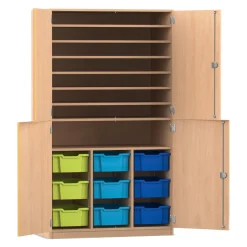 Flexeo Bastelschrank, Buche hell, HxBxT: 190x108,1x60 cm, 4 Halbtüren, 9 große Boxen bunt B, Dreholive