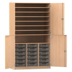 Flexeo Bastelschrank, Buche hell, HxBxT: 190 x 108,1 x 60 cm, 4 Halbtüren, 18 kleine Boxen transparent, Bogengriff mit Schloss