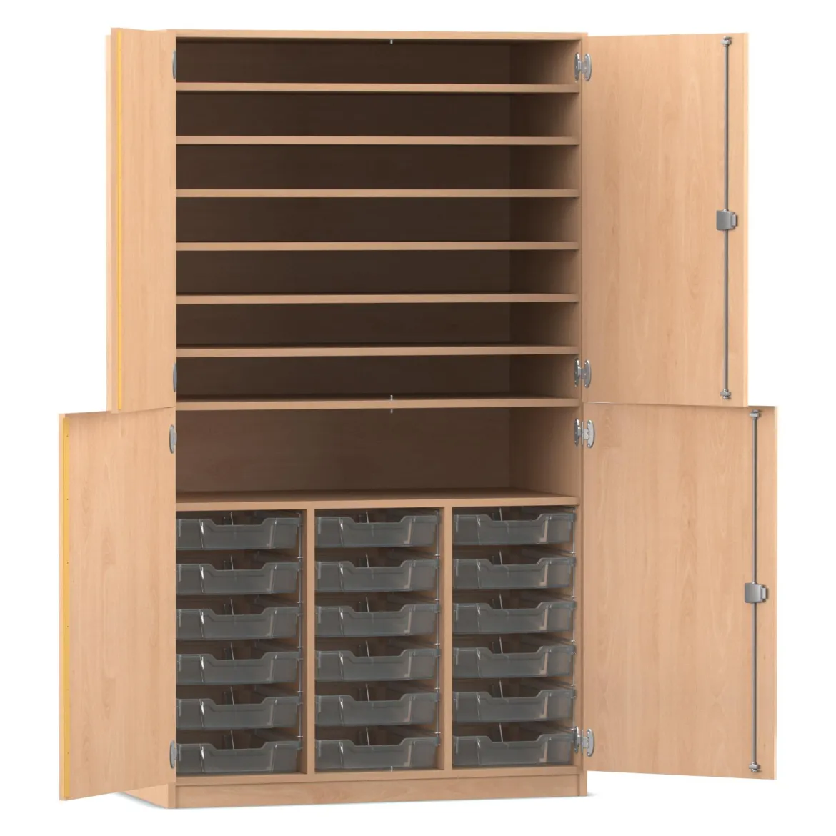 Flexeo Bastelschrank, Buche hell, HxBxT: 190 x 108,1 x 60 cm, 4 Halbtüren, 18 kleine Boxen transparent, Bogengriff mit Schloss