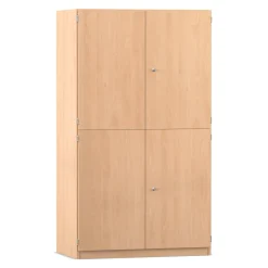 Flexeo Bastelschrank, Buche hell, HxBxT: 190 x 108,1 x 60 cm, 4 Halbtüren, 18 kleine Boxen transparent, Bogengriff mit Schloss