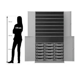 Flexeo Bastelschrank, Buche hell, HxBxT: 190 x 108,1 x 60 cm, 4 Halbtüren, 18 kleine Boxen transparent, Bogengriff mit Schloss