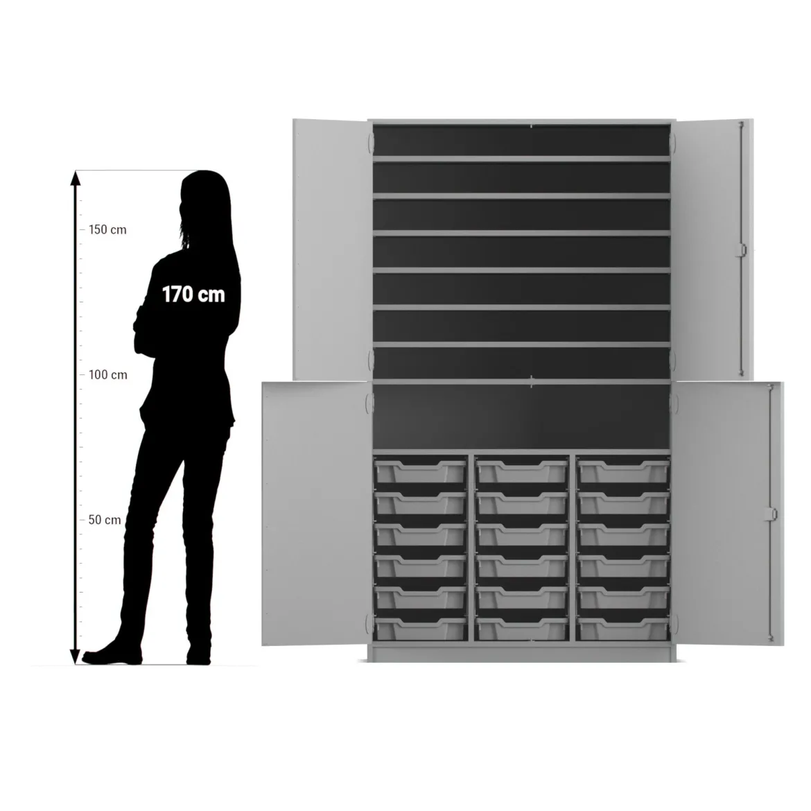 Flexeo Bastelschrank, Buche hell, HxBxT: 190 x 108,1 x 60 cm, 4 Halbtüren, 18 kleine Boxen transparent, Bogengriff mit Schloss