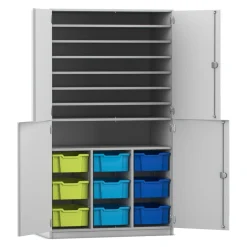 Flexeo Bastelschrank, Dekor grau, HxBxT: 190x108,1x60 cm, 4 Halbtüren, 9 große Boxen bunt B, Schloss