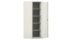 Flexeo Eckschrank, weiß, 4 Fachböden, HxT 190 x 50 cm, Bogengriff mit Schloss
