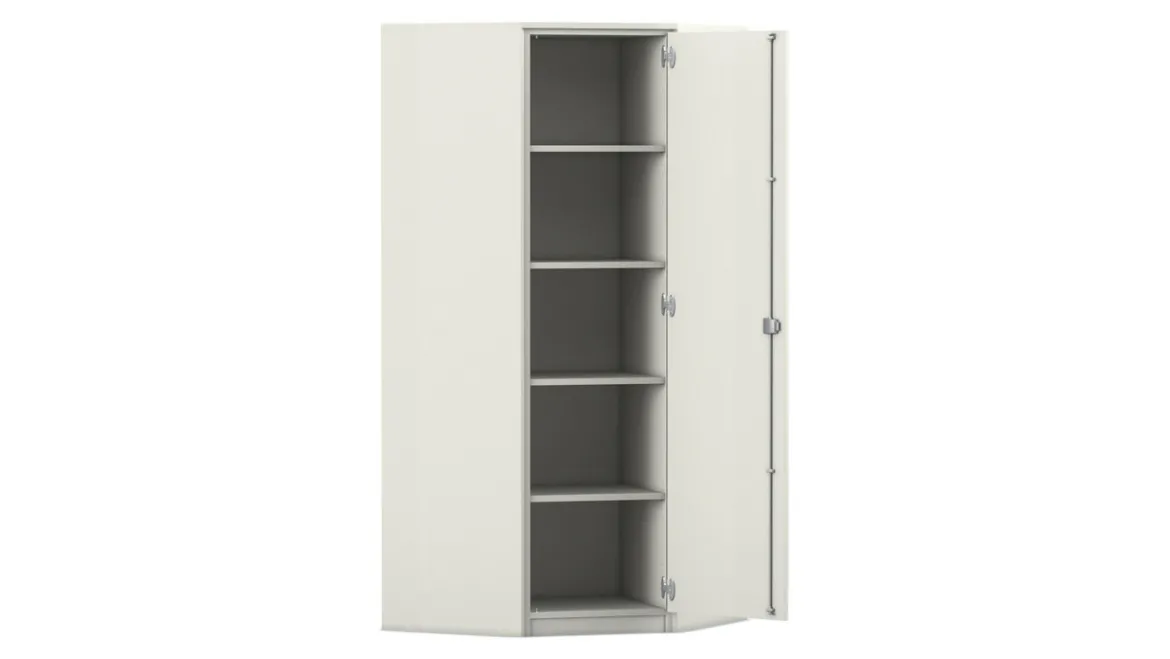 Flexeo Eckschrank, weiß, 4 Fachböden, HxT 190 x 50 cm, Bogengriff mit Schloss