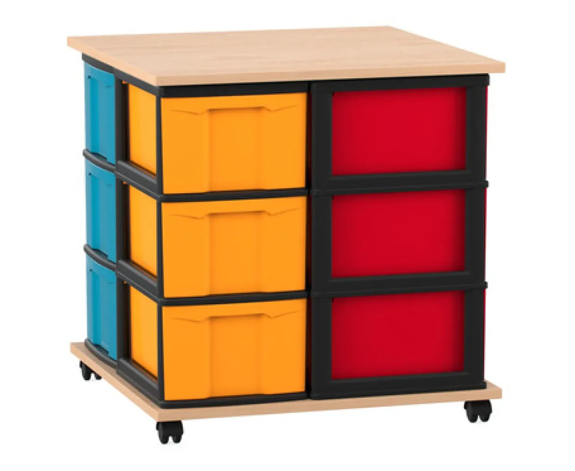 Flexeo® Fahrbares Containersystem Ahorn honig mit Ablage, 12 große Boxen, bunt