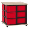 Flexeo® Fahrbares Containersystem Ahorn honig mit Ablage, 12 große Boxen rot