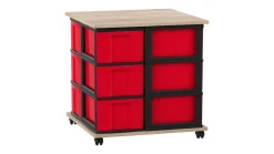 Flexeo® Fahrbares Containersystem Ahorn honig mit Ablage, 12 große Boxen rot