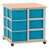 Flexeo® Fahrbares Containersystem Buche hell mit Ablage, 12 große Boxen blau Rahmen grau