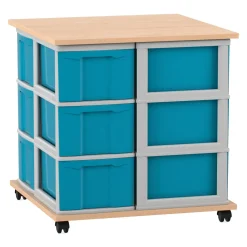 Flexeo® Fahrbares Containersystem Buche hell mit Ablage, 12 große Boxen blau Rahmen grau