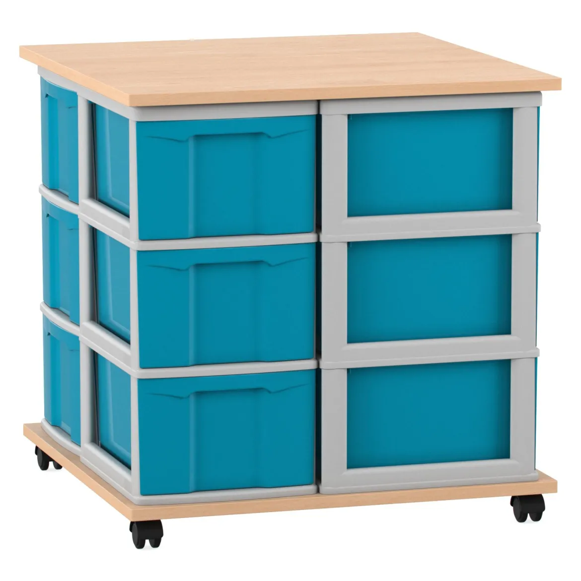 Flexeo® Fahrbares Containersystem Buche hell mit Ablage, 12 große Boxen blau Rahmen grau