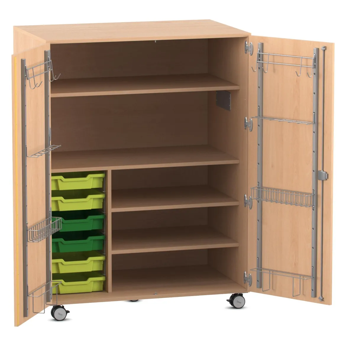 Flexeo fahrbares Multimobil - Musik, Buche hell, 6 kleine Boxen hellgrün/grün HxBxT: 148 x 110 x 70 cm