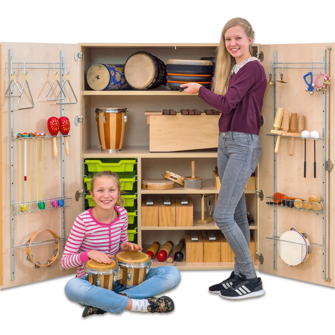 Flexeo fahrbares Multimobil - Musik, Buche hell, 6 kleine Boxen hellgrün/grün HxBxT: 148 x 110 x 70 cm
