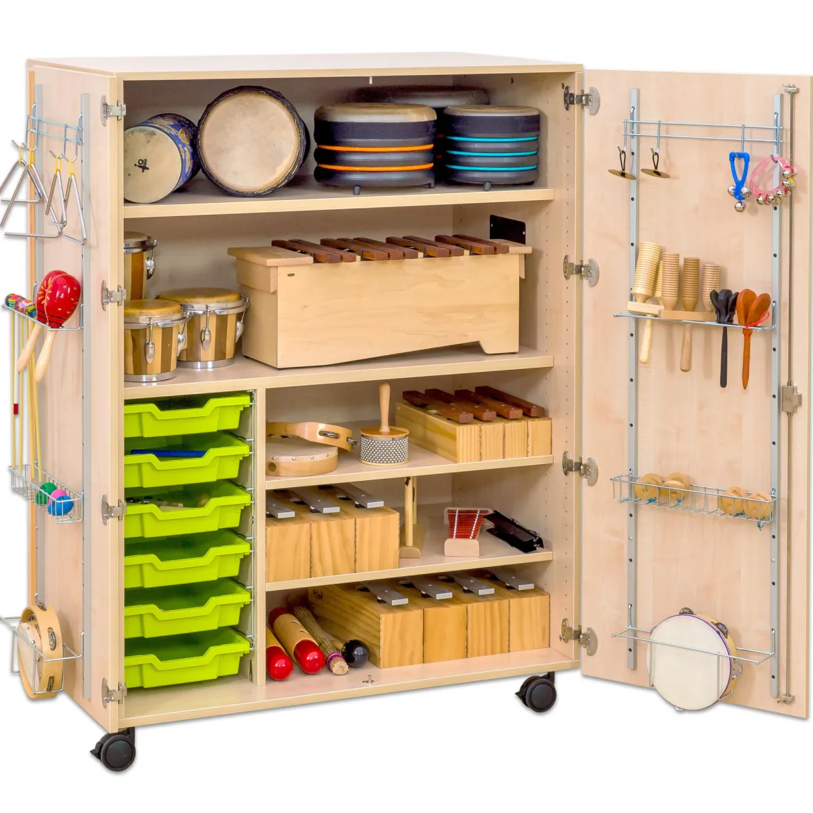 Flexeo fahrbares Multimobil - Musik, Buche hell, 6 kleine Boxen hellgrün/grün HxBxT: 148 x 110 x 70 cm