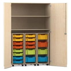 Flexeo Garagenschrank, Ahorn Honig, 3 Rollcontainer mit Boxen bunt A, Schloss, HxBxT: 190x126,4x60 cm