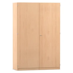 Flexeo® Garagenschrank, Buche hell, HxBxT: 190 x 126,4 x 60 cm, 16 große Boxen bunt, Bogengriff mit Schloss