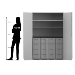 Flexeo® Garagenschrank, Buche hell, HxBxT: 190 x 126,4 x 60 cm, 16 große Boxen bunt, Bogengriff mit Schloss