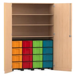 Flexeo® Garagenschrank, Buche hell, HxBxT: 190 x 126,4 x 60 cm, 16 große Boxen bunt, Bogengriff mit Schloss