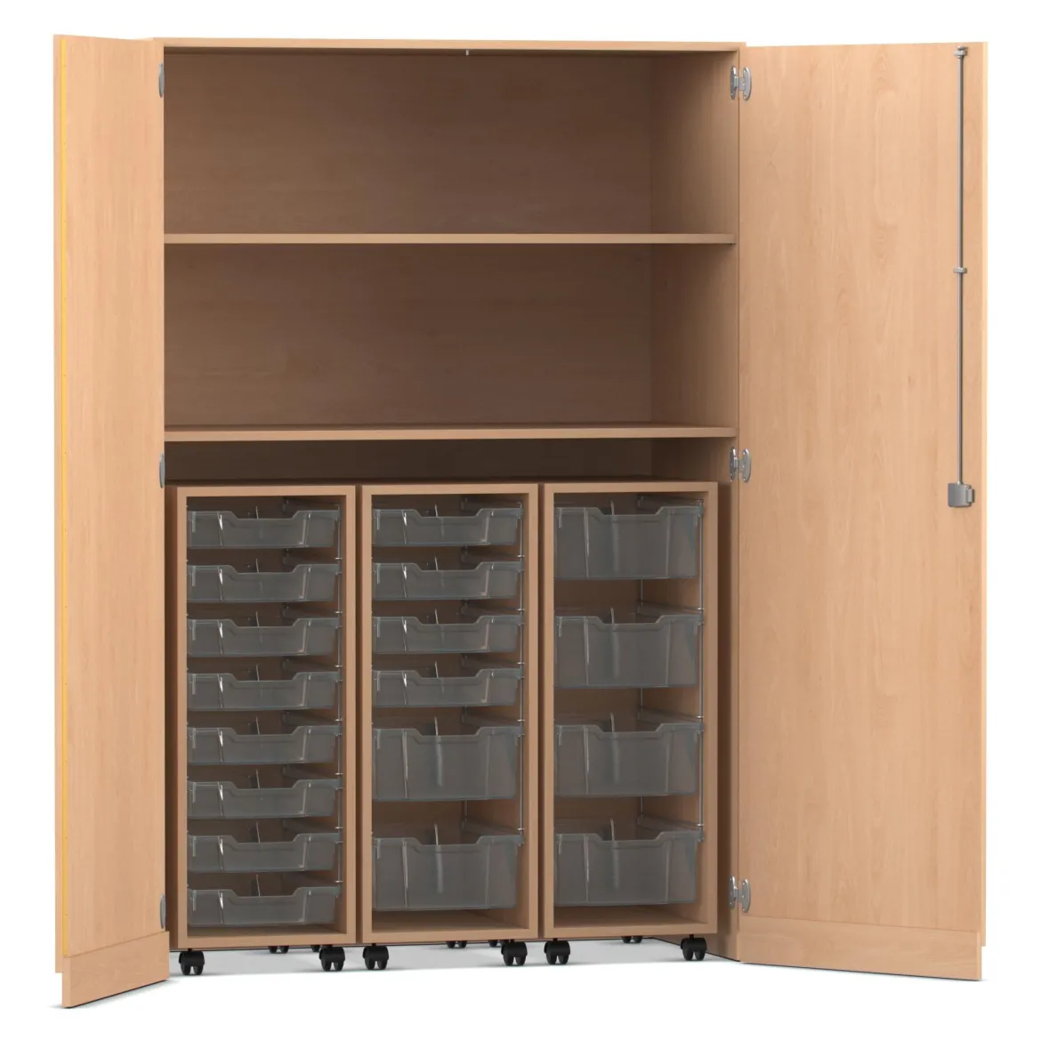 Flexeo Garagenschrank, Buche hell, HxBxT: 190x126,4x60 cm, 3 Rollcontainer mit Boxen transparent, Dreholive